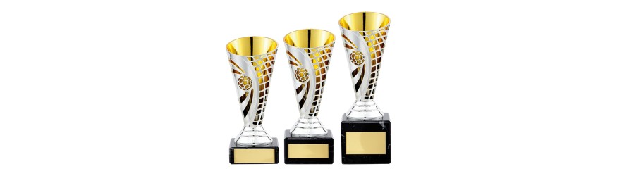 DEFENDER SILVER / YELLOW PLASTIC BUDGET FOOTBALL CUPS  - AVAILABLE IN 3 SIZES (14CM - 17CM)